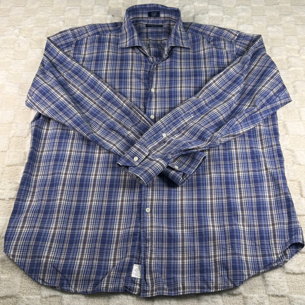 Peter Millar Collection Mens XL Blue Plaid Cotton Long Sleeve Button Up Shirt
